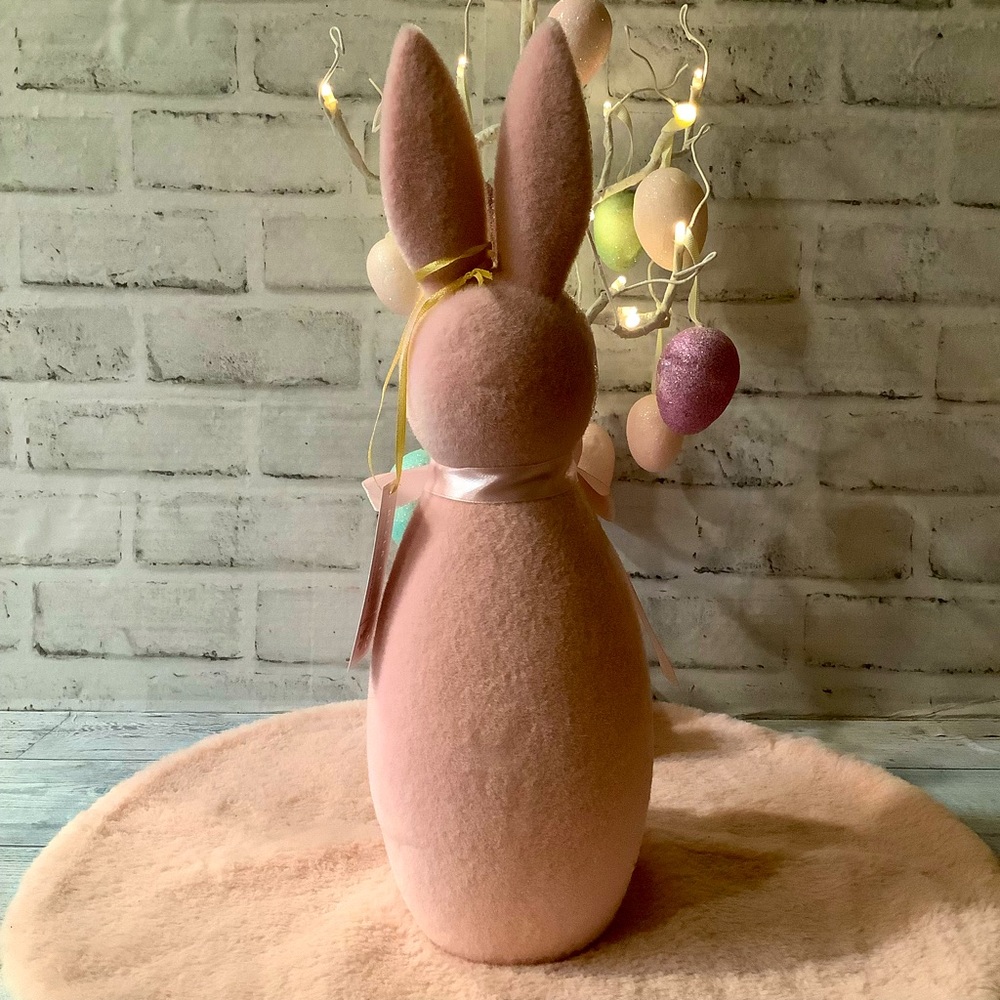 BELLA LUX Pink 15in Flocked Rabbit With Ribbon - Picture 5 of 6